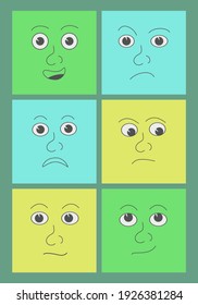 Comic Faces, Emoji with various Emotions on Squares background. Different colored characters. Cartoon style. Flat design. Hand drawn trendy Vector illustrations. Every face is isolated. Icons.