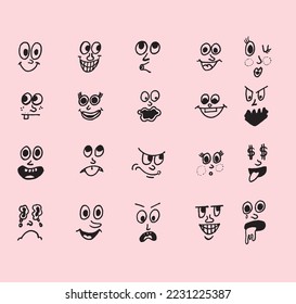 comic Faces with various Emotions. ink drawing style. Different characters. Cartoon style. Flat design sad happy amazed crying evil facial expressions funny emojis Hand drawn  Vector illustration.