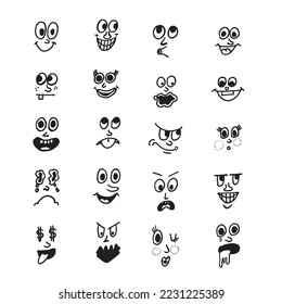 cómic Rostros con varias emociones. estilo de dibujo de entrada manuscrita. Caracteres diferentes. Estilo de caricatura. Diseño plano triste feliz asombro de las expresiones faciales malignas graciosas emojis Hand dibujado Vector ilustración.