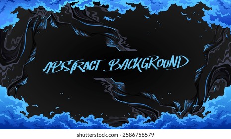 Comic fantastic blue fire flames, smoke background. Design banner template page. Hand drawn vector art illustration. 