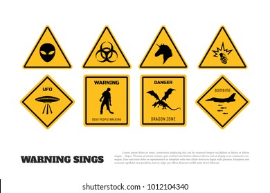 Comic fantasy yellow warning signs. Set of danger stickers and icons. Vector isolated illustration