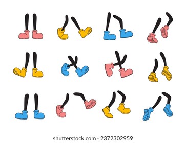 Comic feet. Cartoon legs in coloured sneakers shoe, comic foot step walk jumping run pose for dance, vintage character sketch leg footwear poses boot vector illustration of leg comic, shoe foot icon