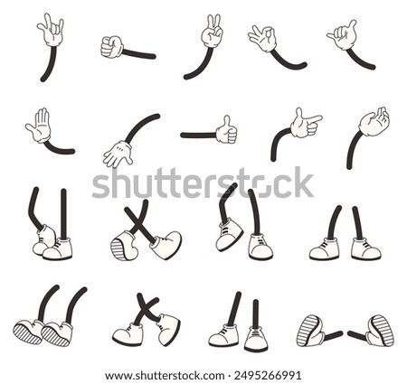 Comic feets and hands. Cartoon animation retro style. Hand in gloves, foot in boots. Legs walking jumping running, various positions snugly vector set