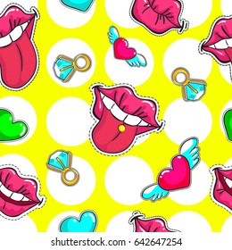 Comic female fashion patches seamless pattern with colorful kiss lips tongue ring diamond mouth flying heart vector illustration