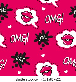 Comic female lips. Abstract seamless girlish pattern. Fashion backdrop.