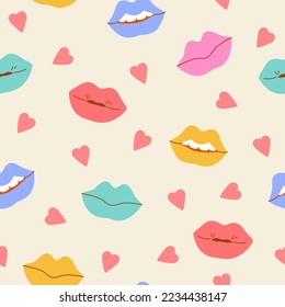 Comische weibliche Lippen-Hintergrund in Pop-Art, Hippie-Retro-Stil. Abstrakter bunter Mund mit Herzformen, sinnlichen Lippen, positiven Emotionen nahtlose Muster. Vektorgrafik für Valentinstag-Design