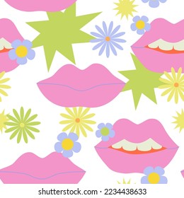 Comic female lips background in pop art, psychedelic hippie retro style. Abstract seamless pattern with sensual lips, daisy flowers, stars. Vector illustration for Valentine's day design, paper wrap