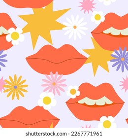Antecedentes de labios femeninos cómicos en arte pop, estilo psicodélico hippie retro. Resumen de un patrón sin fisuras: labios sensuales, flores de margarita, estrellas. Ilustración vectorial para el diseño del día de San Valentín, envoltura de papel