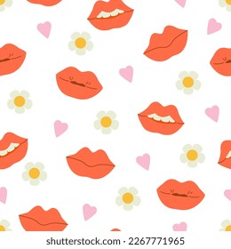 Comic female lips background in pop art, hippie retro style. Abstract mouth with flowers, heart shapes, sensual lips, positive emotions seamless pattern. Vector illustration for Valentine's day design