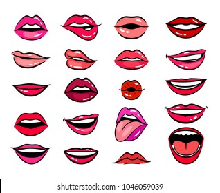 Comic female lips. Comic female lips in cartoon style, smile and sensual lips, kiss and tongue out closeup vector illustration isolated on white