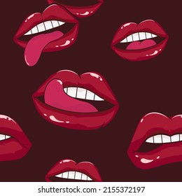 Comic female lips pattern in pop art retro style. Mouth with kiss, smile, tongue, teeth. Vector illustration 