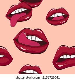 Comic female lips pattern in pop art retro style. Mouth with kiss, smile, tongue, teeth. Vector illustration 