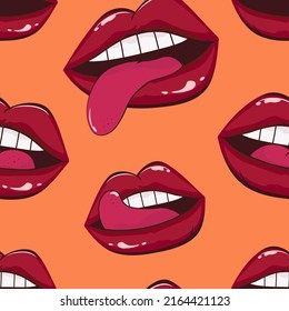 Comische weibliche Lippenmuster im Retro-Stil der Pop-Art. Mund mit Kuss, Lächeln, Zunge, Zähnen. Vektorgrafik
