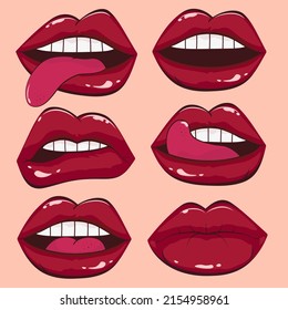 Comic Female Lips Set. Mouth With Kiss, Smile, Tongue, Teeth. Vector Comic Illustration In Pop Art Retro Style 