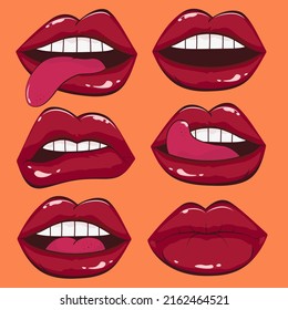 Comic female lips set. Mouth with kiss, smile, tongue, teeth. Vector comic illustration in pop art retro style