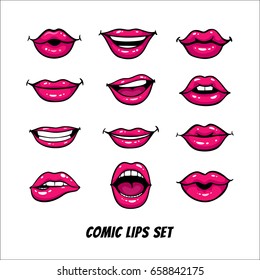 Comic Female Lips Set. Mouth With A Kiss, Smile, Tongue, Teeth, Open, Closed Lips. Vector Comic Illustration In Pop Art Retro Style Isolated On White Background.