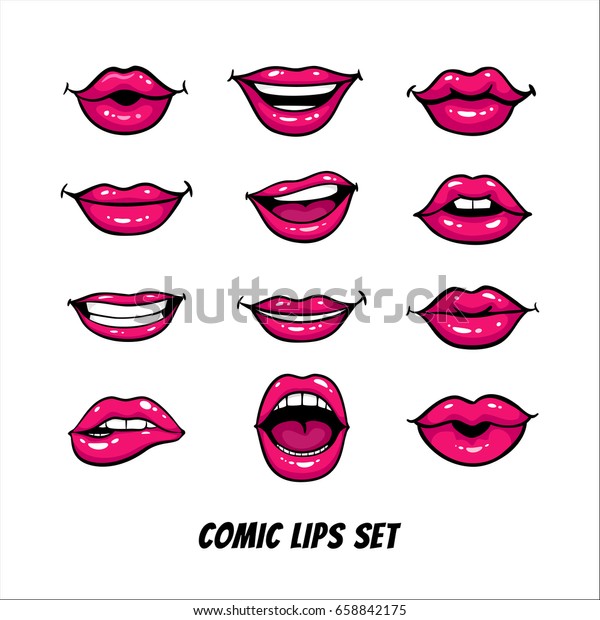 Comic female lips set.\
Mouth with a kiss, smile, tongue, teeth, open, closed lips. Vector\
comic illustration in pop art retro style isolated on white\
background.
