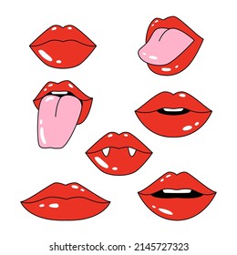 Cómic de labios rojos femeninos. Estilo de caricatura. Mano dibujaba bocas con sonrisa, lengua fuera, dientes de vampiros. Ilustración vectorial.