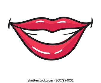 Comic female red lips sticker. Women mouth with lipstick in vintage comic style. Smile pop art retro illustration