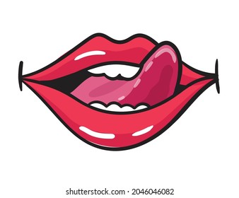 Comic female red lips sticker. Women mouth with lipstick in vintage comic style. Rop art retro illustration