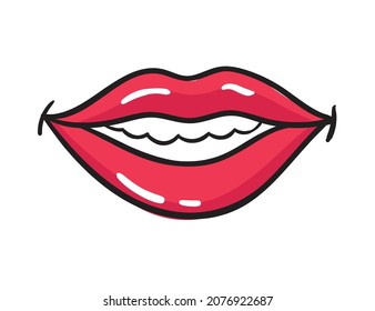 Comic female red lips sticker. Women mouth with lipstick in vintage comic style. Smile pop art retro illustration