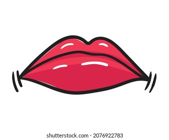 Comic female red lips sticker. Women mouth with lipstick in vintage comic style. Rop art retro illustration