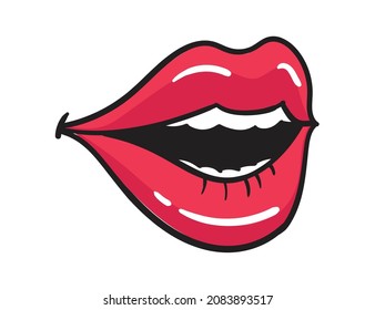 Comic female red lips sticker. Women mouth with lipstick in vintage comic style. Rop art retro illustration