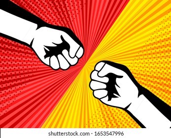 Comic fight and battle concept with male fists opposite each others on red and yellow backgrounds with humor effects. Vector illustration