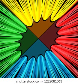 Comic luta brilhante conceito com quatro lados azuis azuis vermelho verde amarelo fala original borbulhas raios efeitos de humor radial. Ilustração vetorial