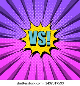 Comic fight burst concept with yellow speech bubble VS wording halftone rays humor effects in purple and pink colors. Vector illustration