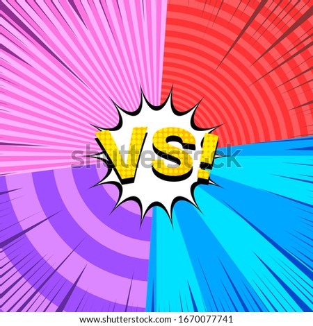 Comic fight colorful concept with VS yellow wording four frames with circles and rays effects. Vector illustration