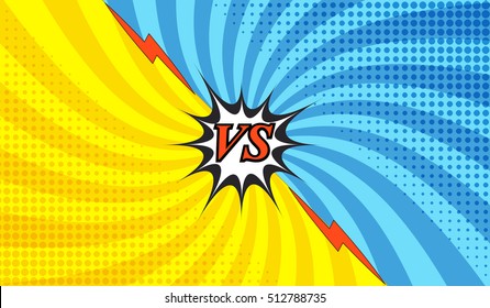 Comic fight colorful template with two opposite sides in pop-art style. Versus wording. Radial background. Representation of confrontational warriors before battle. Vector illustration