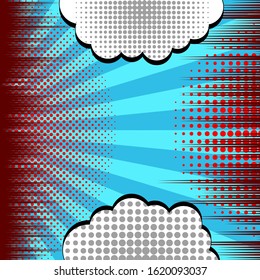 Comic fight concept with blank speech bubbles red halftone rays and blue radial effects. Vector illustration