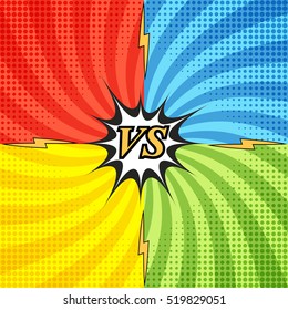 Comic fight concept with four opposite sides and radial background, halftone, lightnings effects. Versus wording in pop-art style. Vector illustration
