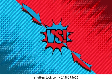 Comic fight concept with speech bubble VS wording arrows rays slanted lines halftone humor effects in red and blue colors. Vector illustration