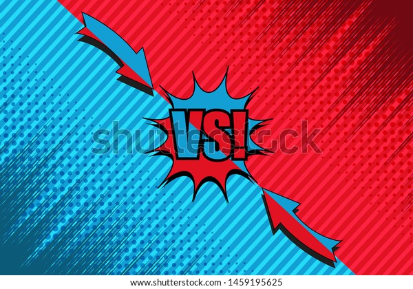 Comic fight concept with speech bubble VS\
wording arrows rays slanted lines halftone humor effects in red and\
blue colors. Vector\
illustration