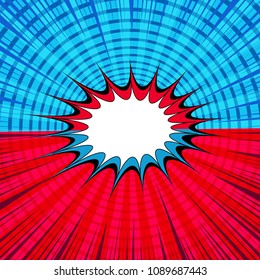Comic fight concept with two blue and red sides, speech bubble, circles, rays and radial humor effects. Vector illustration