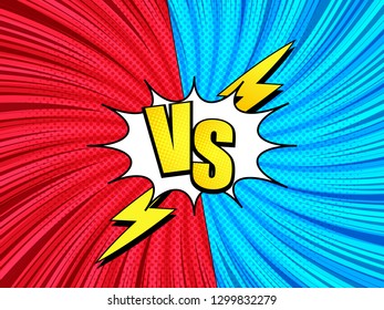 Comic fight concept with white speech bubble lightnings two red and blue sides VS yellow inscription twisted rays halftone and radial humor effects. Vector illustration