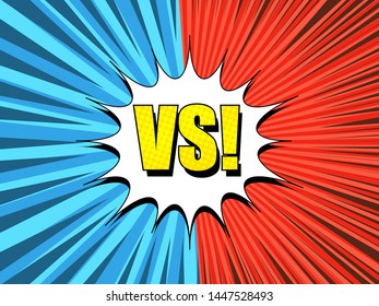 Comic fight concept with white speech bubble yellow VS wording red and blue rays radial humor effects. Vector illustration