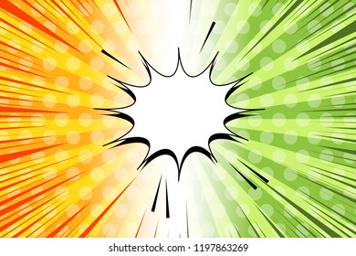 Comic fight and duel bright template with green and orange sides speech bubble sound dotted radial rays humor effects. Vector illustration