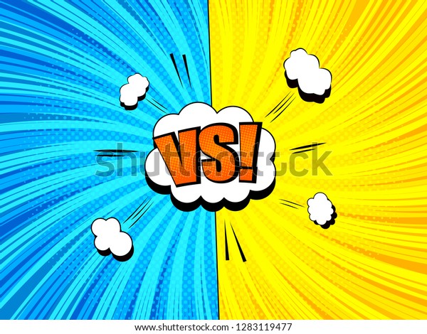 Comic fight and\
duel dynamic concept with white speech bubble clouds two blue and\
yellow sides VS orange inscription twisted rays halftone radial\
humor effects. Vector\
illustration
