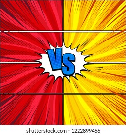 Comic fight and duel template with two yellow and red sides VS wording speech bubble rays halftone radial humor effects. Vector illustration