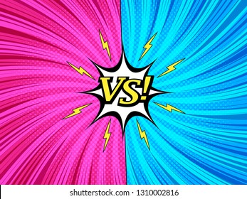 Comic fight and duel template with white speech bubble lightnings VS yellow inscription twisted rays halftone and radial humor effects. Vector illustration