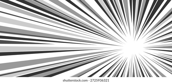 Efecto cómico de lucha con rayas radiales y líneas de zoom relámpago. Fondo de movimiento en blanco y negro para escenas de acción manga, con una perspectiva de alta velocidad y Elementos de choque de poder decorativo.