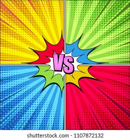 Comic fight elegant concept with VS pink inscription colorful speech bubble rays radial and halftone humor effects on yellow green blue red backgrounds. Vector illustration