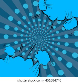 Comic fight template. Cartoon background in blue colors with dotted spiral. Vector illustration of explosive bubbles. Pop-art style