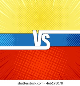 Comic fight template. Cartoon background with opposite sides. Representation of two confrontate warriors. Illustration of versus lettering. Pop-art style