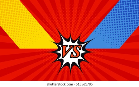 Comic fight template with two opposite sides in pop-art style. Versus wording. Radial background. Representation of confrontational warriors before battle. Vector illustration