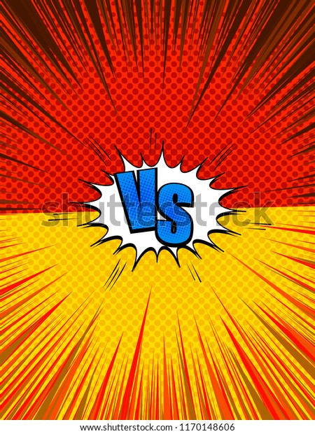 Comic fight vertical template with yellow\
and red sides blue VS wording speech bubble rays and halftone\
effects. Vector\
illustration