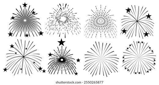 Fuegos artificiales cómicos, rayas radiales de rayos de sol con estrellas y chispas. diseño retro. Celebración de la fiesta del año Nuevo Doodle dibujado a mano.